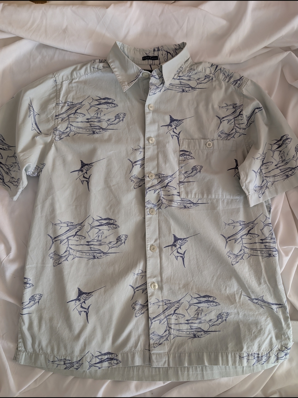 Weekenders Light Blue Short-Sleeve Button-Down Shirt with Navy Fish Print